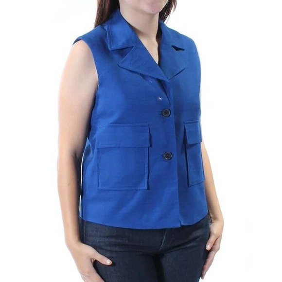 NWT Anne Klein Womens Work Vest Top Sz 12 Blue Mariner Pockets Button Notched - Picture 1 of 10